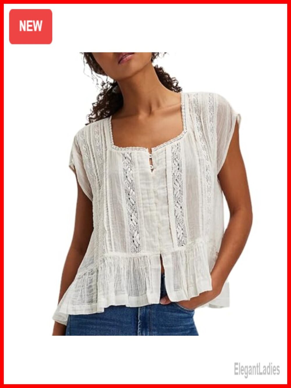 Semi Sheer Lace Trim Button Down Blouse Short Sleeve Casual Top